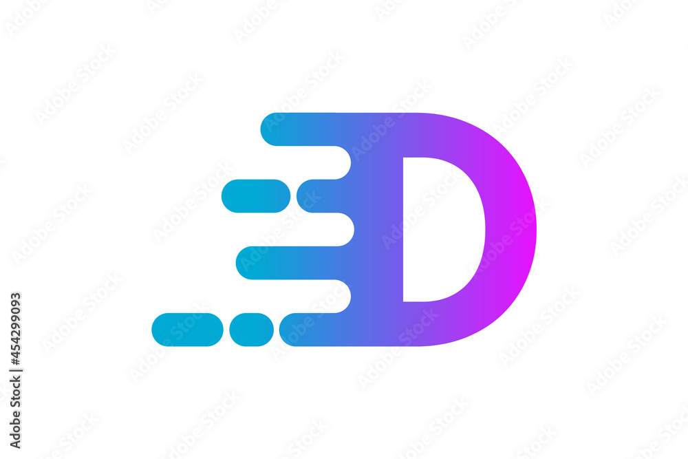 Letter D logo in motion. Initial D fast symbolizing speed. Blue and purple gradient icon. Dynamic moving effect design element. Quick moving symbol. Corporate identity sign. Vector illustration, flat. Letter D logo in motion. Initial D fast symbolizing speed. Blue and purple gradient icon. Dynamic moving effect design element. Quick moving symbol. Corporate identity sign. Vector illustration, flat.