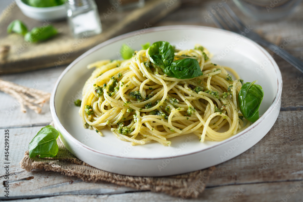 Spaghetti with homemade pesto sauce Spaghetti with homemade pesto sauce