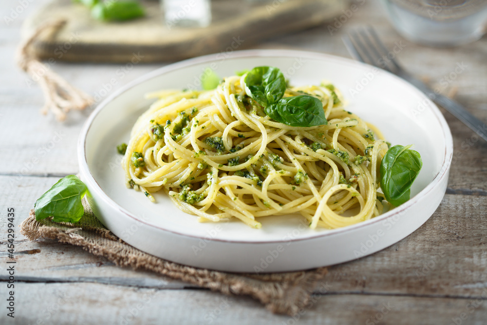 Spaghetti with homemade pesto sauce Spaghetti with homemade pesto sauce