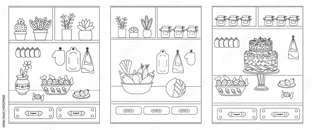 A set of three coloring books for children with a kitchen, food and dishes. Black outline of childish shapes on white, sketch, simple shapes. Vector illustration