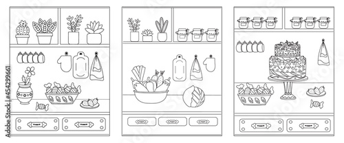 A set of three coloring books for children with a kitchen, food and dishes. Black outline of childish shapes on white, sketch, simple shapes. Vector illustration