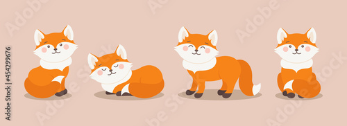 Cute Foxes in different poses  vector set. Forest fox animal sits, lies, stands and smile. Orange fox illustrations collection for baby or child clothes, fabric, textile and more. Cute fox faces print