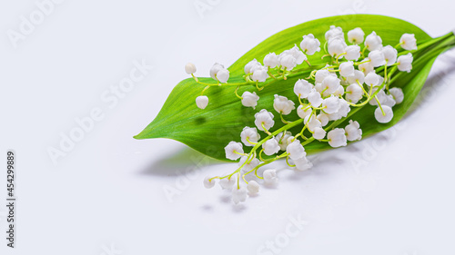 Flower background - bouquet of lily of the valley, Convallaria majalis, isolated on the white background. Spring holiday mood concept