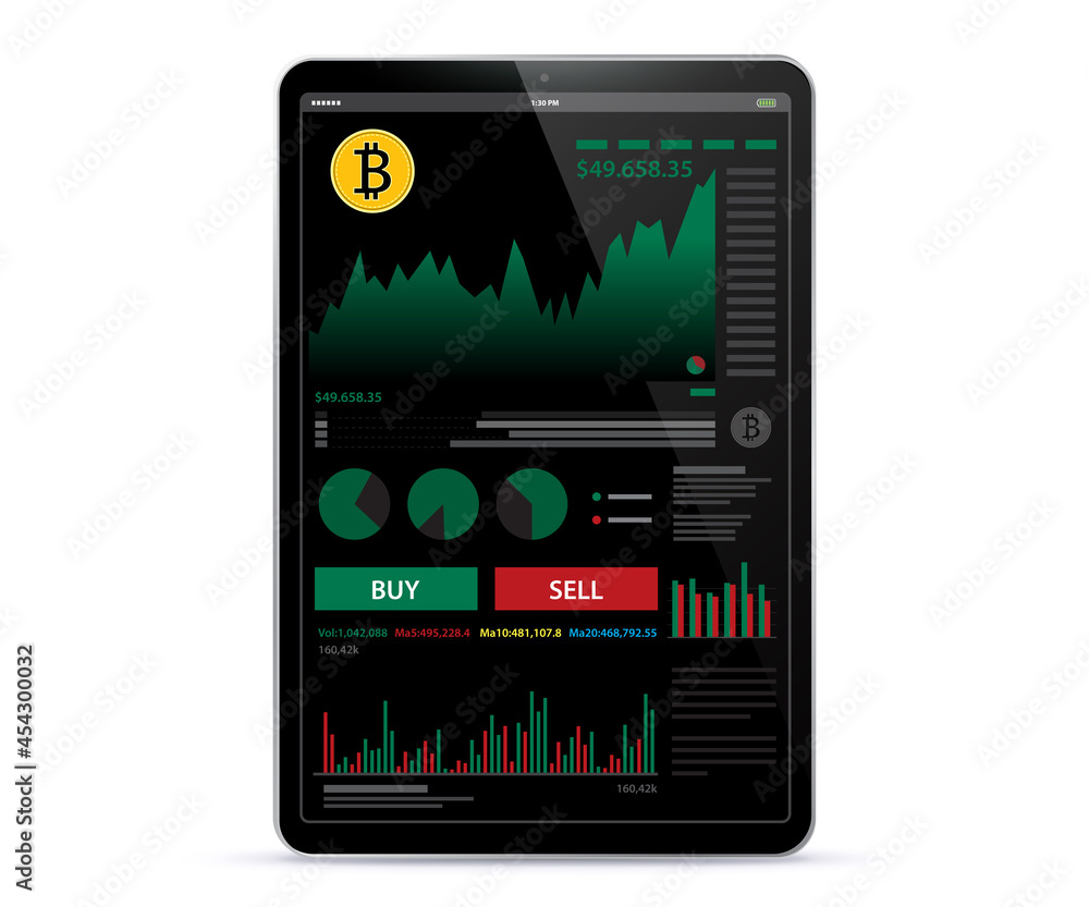Black Tablet Computer With Crypto Currency Online Trading and Bitcoin Finance App Screen. UI design template for dark theme background. Black Tablet Computer With Crypto Currency Online Trading and Bitcoin Finance App Screen. UI design template for dark theme background.
