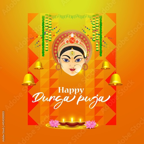 illustration of Goddess Durga Face in Happy Durga Puja Subh Navratri abstract background with text Durga puja means Durga Puja