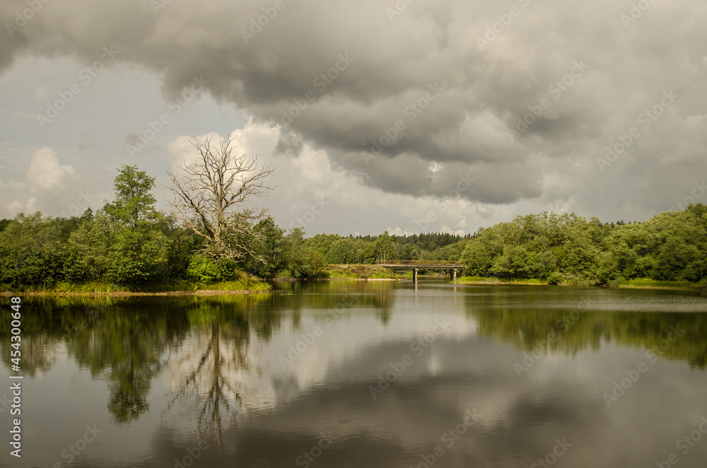 Fototapeta premium Lake with reflection in sunny summer day, wither oak and bridge, Zlekas, Latvia.