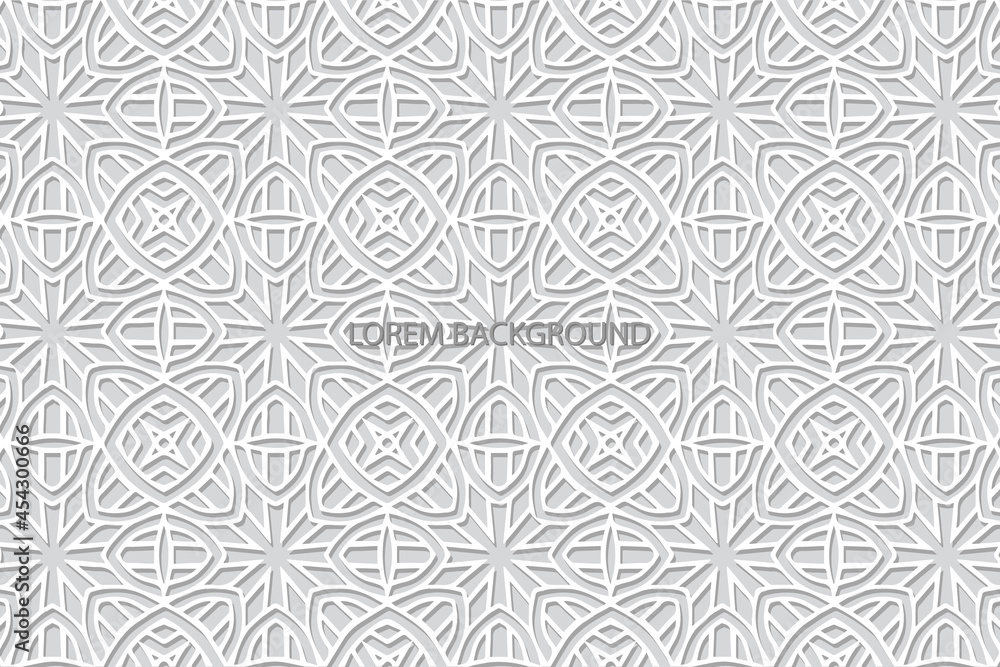 Geometric volumetric convex ethnic 3D pattern, cover design. Embossed white background, stylish arabesque. Cut paper effect. Oriental, Indonesian, Asian motives, lace texture. Geometric volumetric convex ethnic 3D pattern, cover design. Embossed white background, stylish arabesque. Cut paper effect. Oriental, Indonesian, Asian motives, lace texture.