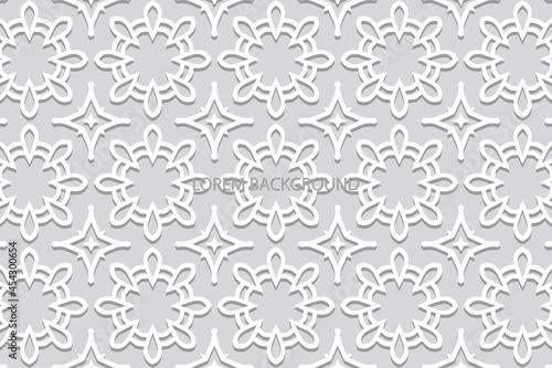 Geometric volumetric convex ethnic 3D pattern, cover design. Embossed white background, artistic arabesque. Cut paper effect. Oriental, Indonesian, Asian motives, lace texture.