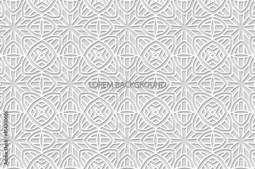 Geometric volumetric convex ethnic 3D pattern, cover design. Embossed white background, stylish arabesque. Cut paper effect. Oriental, Indonesian, Asian motives, lace texture.