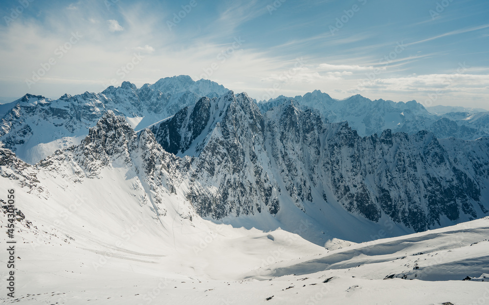 Winter panorama of the Tatra Mountains view from the Ledovy peak pass, Slovakia