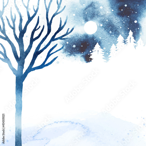 Watercolor winter landscape with isolated sky, moon, tree and forest in blue colors. Watercolor Christmas illustration. Template frame for invitation, poster, flyer, banner, card. Place for message