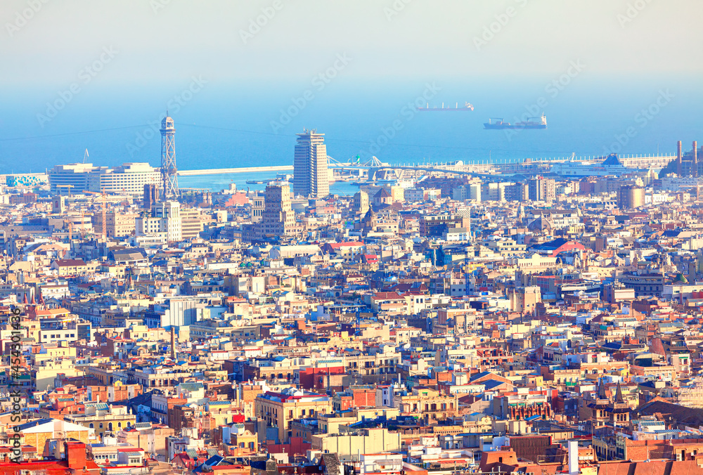 Barcelona city panorama . Mediterranean Sea coastline and port .L'Hospitalet de Llobregat  district , part of Barcelona 