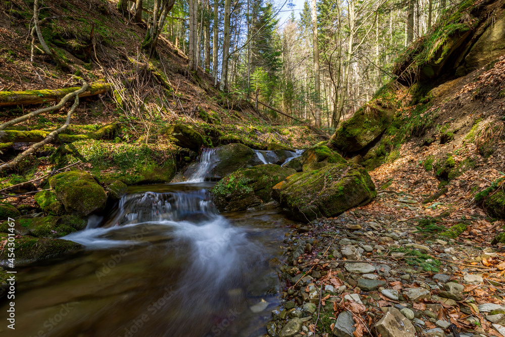 Obraz premium The concept of pristine nature. A beautiful waterfall with crystal clear water and sunlight over the water. River runs over boulders in the primeval forest. Waterfall for wallpapers.Long exposure.