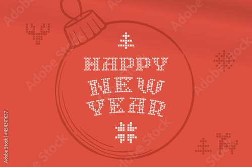 Happy new year  lettering is made of thick round knits. Flat style sign with a set of bonus icons.