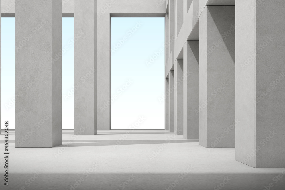 Fototapeta premium 3d render of empty concrete room with large structure on white background.