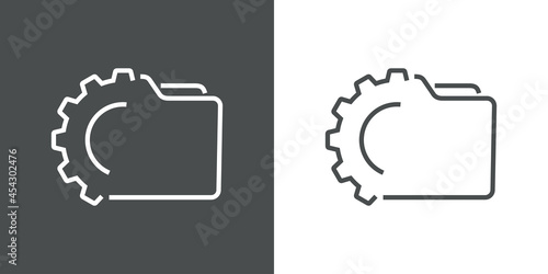 Icono silueta de carpeta con engranaje con lineas en fondo gris y fondo blanco