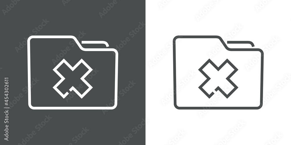 Icono carpeta de error o eliminación. Silueta de carpeta con aspa en lineas en fondo gris y fondo blanco Icono carpeta de error o eliminación. Silueta de carpeta con aspa en lineas en fondo gris y fondo blanco