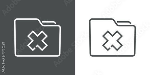 Icono carpeta de error o eliminación. Silueta de carpeta con aspa en lineas en fondo gris y fondo blanco