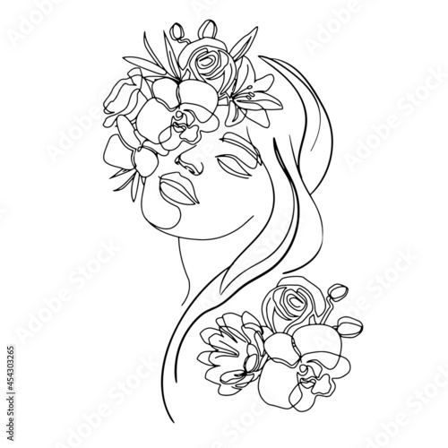 Beautiful woman with flowers one line. Vector illustrationTrendy modern minimalist linear style. Beauty, fashion, design template card for beauty salon with female face photo