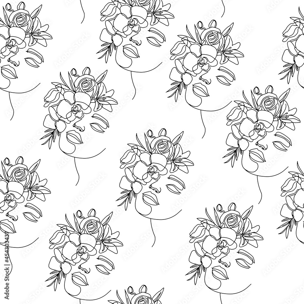 Fototapeta premium Woman and flowers seamless pattern. Vector illustration female portrait. One line drawing modern trend. Fashion and beauty