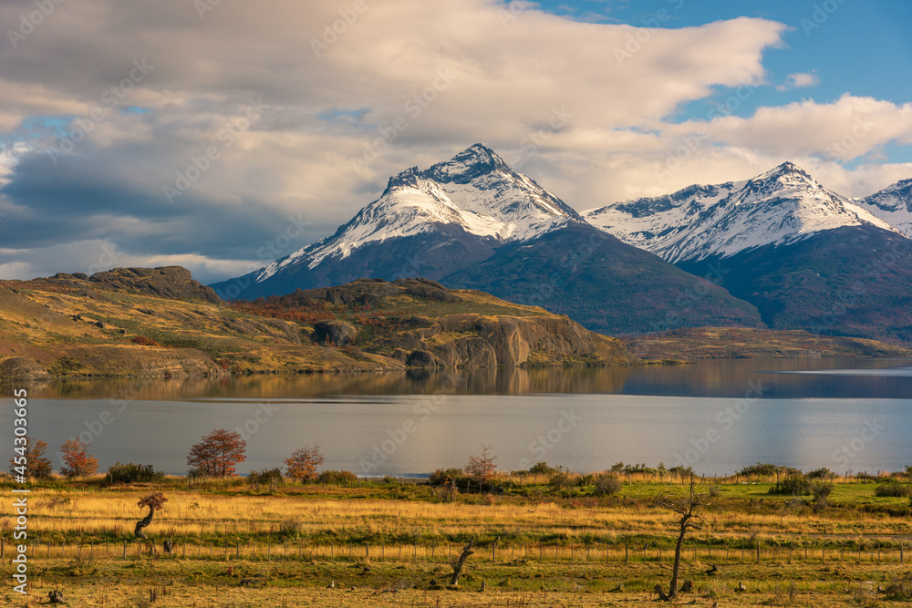 Chile's natural scenery, world-famous mountain peaks, travel in Torres del Paine National Park, Chile, South America. Autumn theme. Chile's natural scenery, world-famous mountain peaks, travel in Torres del Paine National Park, Chile, South America. Autumn theme.