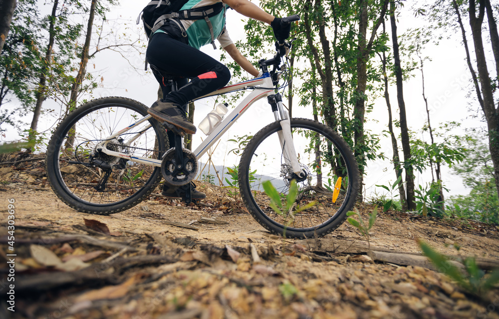 Woman cyclist cycling on mountain top forest trail