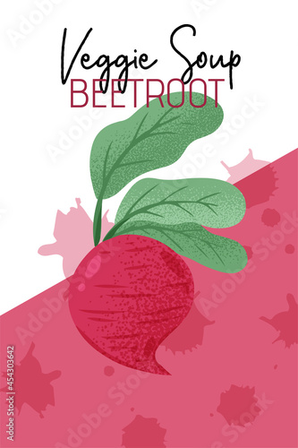 Veggie beetroot soup packaging design in cartoon style. Bright beet vegetables.