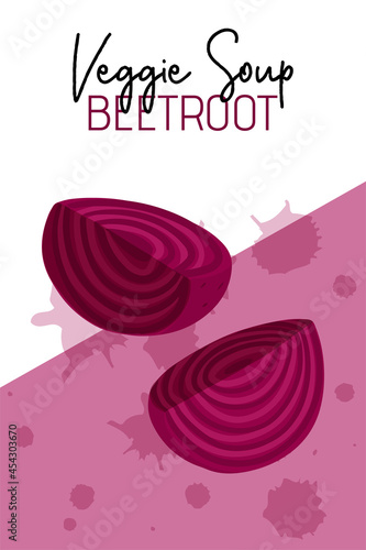 Veggie beetroot soup packaging design in cartoon style. Bright beet vegetables.