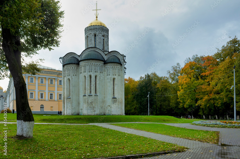 Vladimir, Russia - October 07, 2017: Dmitrievsky Cathedral. White stone building, historical monument