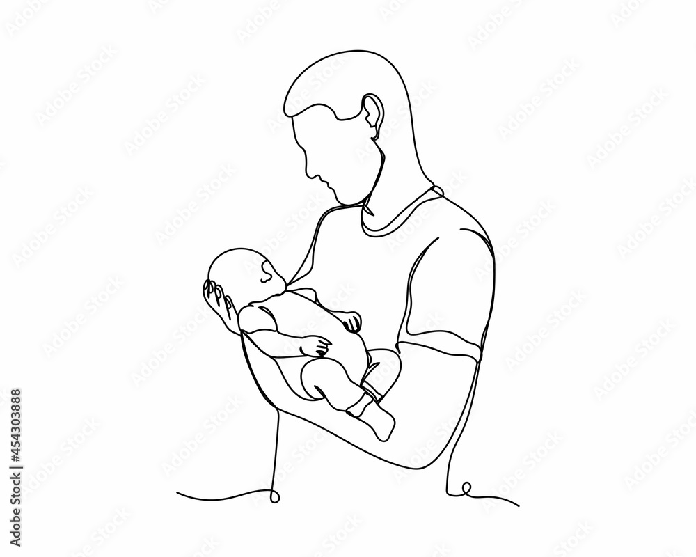 Continuous one line drawing of father with baby fathers day concept icon in silhouette on a white background. Linear stylized.