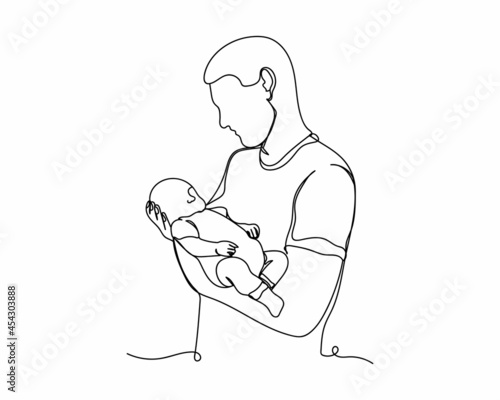 Continuous one line drawing of father with baby fathers day concept icon in silhouette on a white background. Linear stylized.