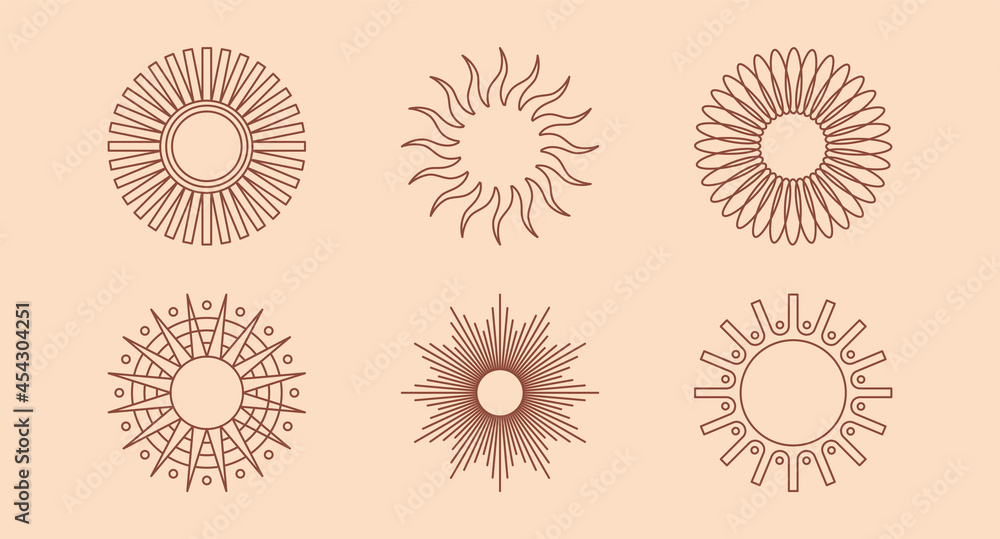 Vector set of design elements and shapes - boho sun symbols - logo design templates, frames, photo overlays and stars Vector set of design elements and shapes - boho sun symbols - logo design templates, frames, photo overlays and stars