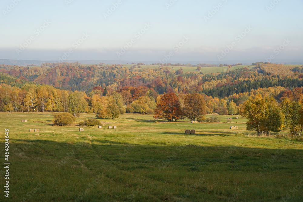 Autumn feels on hilly countryside, bales of hay, yellow and red leaves on beach trees, autumn concept, Krusne Hory, Czech Republic