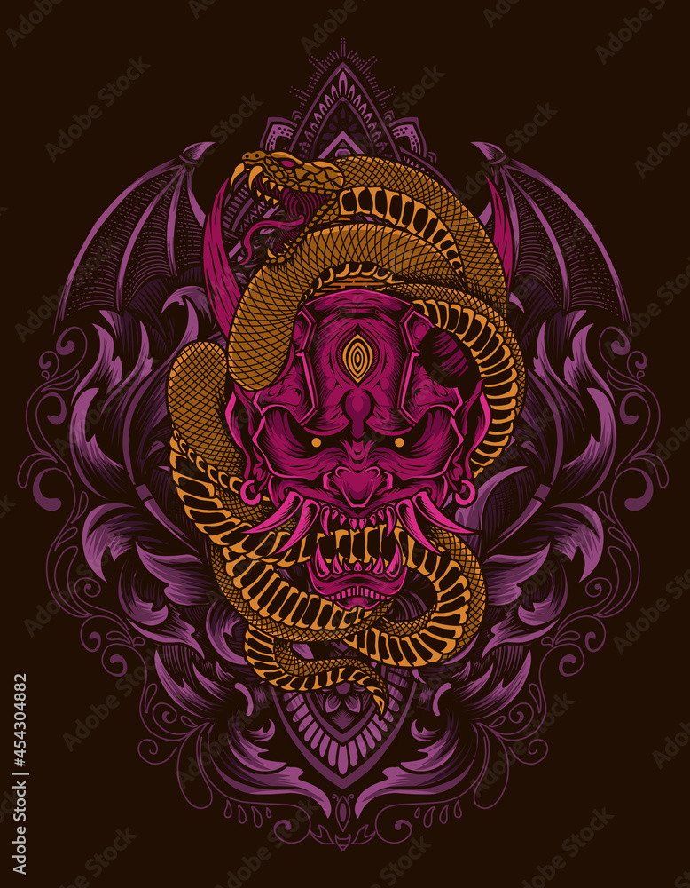 illustration red oni mask with snake and engraving ornament
