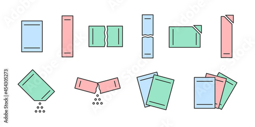 Sachet packet soluble powder line icon set. Open paper pack stick with powder. Soluble bag medication or food sugar, salt, cofee. Symbol pouch editable stroke. Vector illustration