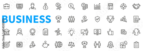 Business icons set. Contains such icons as businessman, idea, contract, secure, bank, tardet, money, saving and more. Outline icons collection. Line style - stock vector.
