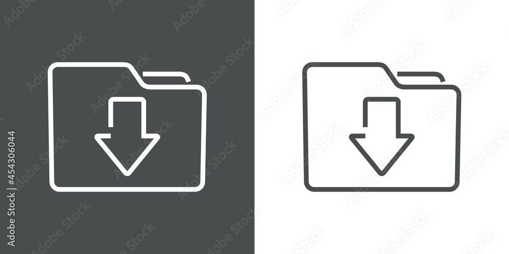 Icono descargar. Silueta de carpeta con flecha hacia abajo con lineas en fondo gris y fondo blanco Icono descargar. Silueta de carpeta con flecha hacia abajo con lineas en fondo gris y fondo blanco