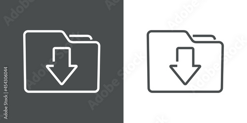 Icono descargar. Silueta de carpeta con flecha hacia abajo con lineas en fondo gris y fondo blanco