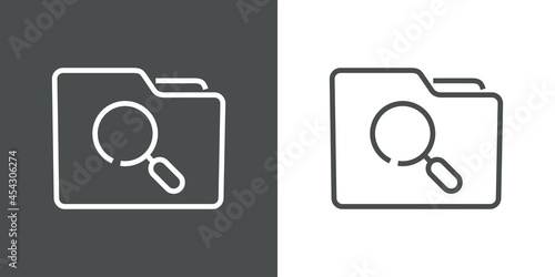 Icono buscar. Silueta de carpeta con lupa con lineas en fondo gris y fondo blanco