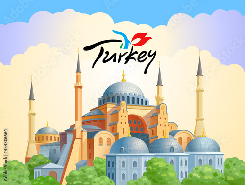 Hagia Sophia domes and minarets in the old city of Istanbul. Landmark of Turkey. Vector illustration