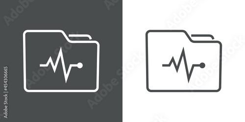 Icono expediente médico. Silueta de carpeta con latido cardiaco con lineas en fondo gris y fondo blanco