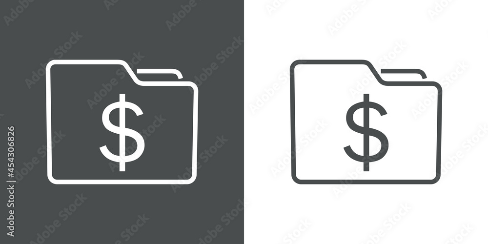 Icono silueta de carpeta con símbolo dólar con lineas en fondo gris y fondo blanco Icono silueta de carpeta con símbolo dólar con lineas en fondo gris y fondo blanco