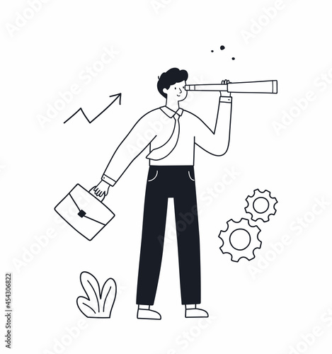 Businessman with a spyglass telescope looking for success, exploring the future. Successful business strategy concept. Doodle hand drawn line vector illustration.