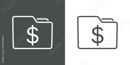Icono silueta de carpeta con símbolo dólar con lineas en fondo gris y fondo blanco