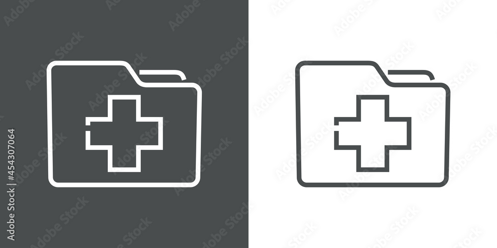 Icono expediente médico. Silueta de carpeta con cruz de hospital con lineas en fondo gris y fondo blanco Icono expediente médico. Silueta de carpeta con cruz de hospital con lineas en fondo gris y fondo blanco