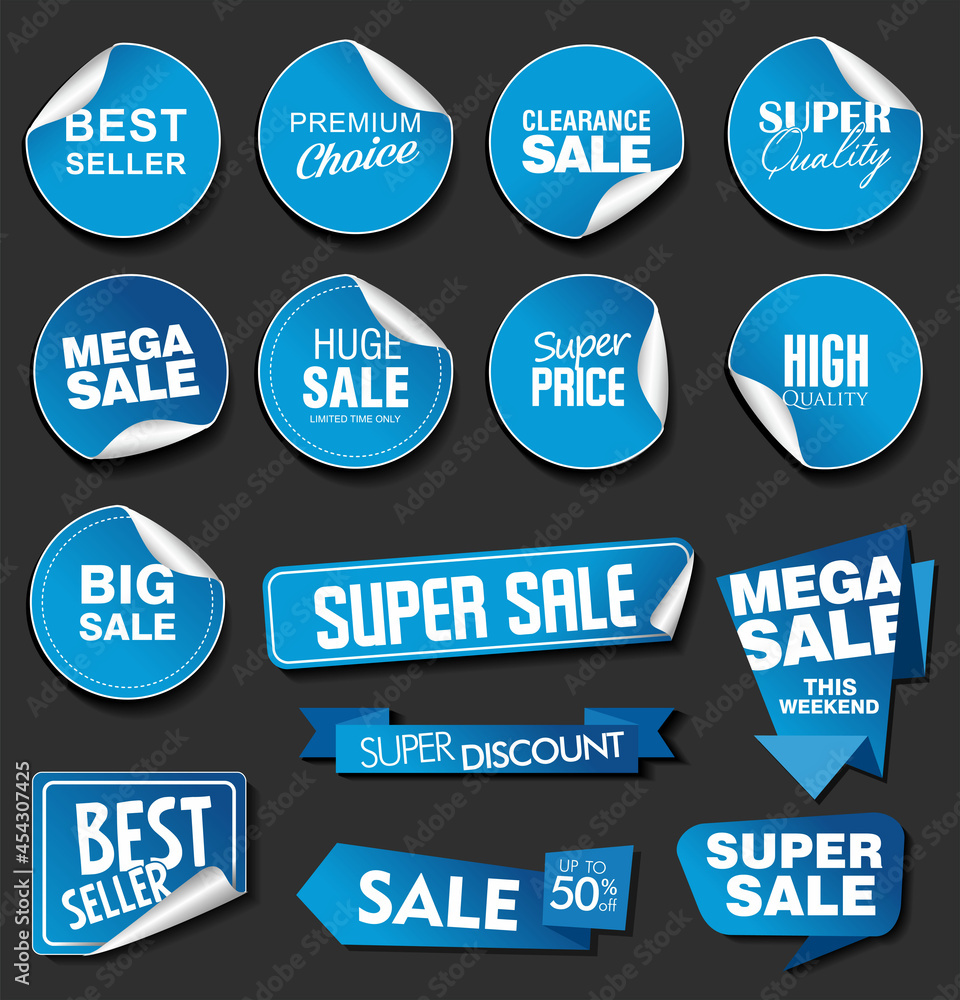 Fototapeta premium Blue sale stickers on black background illustration collection