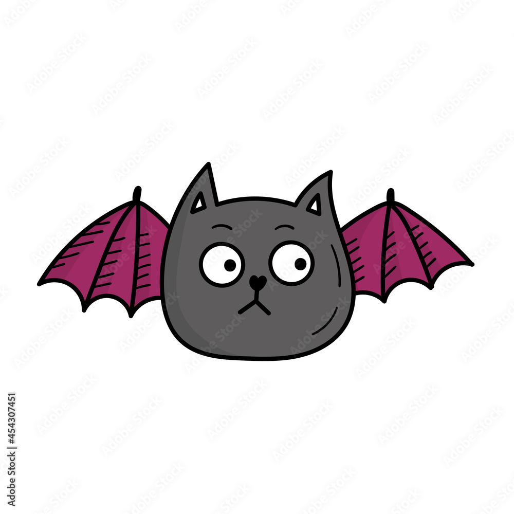 Cute bat cat. Funny animal decor for Halloween. Doodle style illustration Cute bat cat. Funny animal decor for Halloween. Doodle style illustration