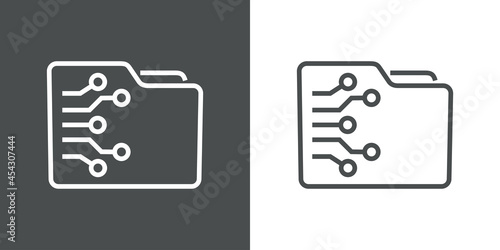 Icono silueta de carpeta con circuito digital con lineas en fondo gris y fondo blanco