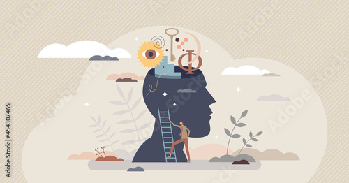 Philosophy study as learning about moral and ethics tiny person concept. Traditional historical ideology ideas research and education vector illustration. Knowledge and curiosity as explore open head.