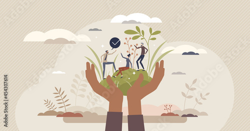 Social responsibility or protection with corporate ethics tiny person concept. Business strategy to save earth, respect resources and fair rights for everyone vector illustration. Ecological approach